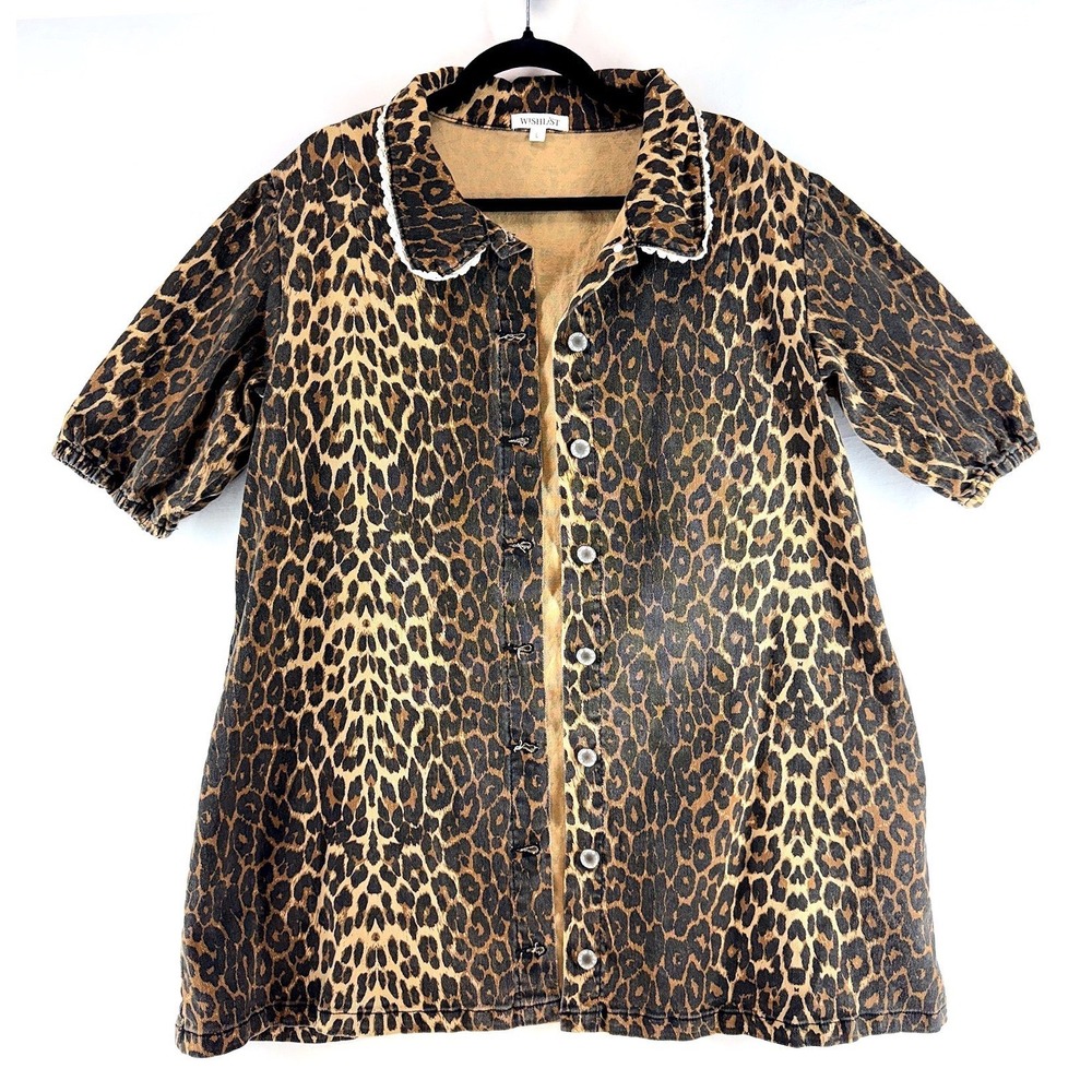 Leopard Print Puff Sleeve Button Front Shacket Dress Y2K Cottagecore Rockabilly
